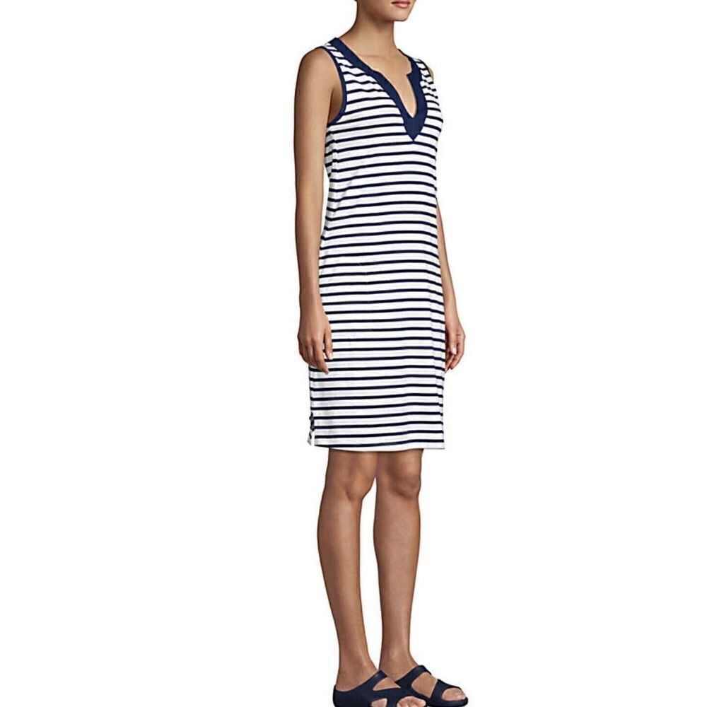 LANDS END Cover-Up Womens XS Cotton Jersey Sleeveless Dress NEW Navy Stripe Swim